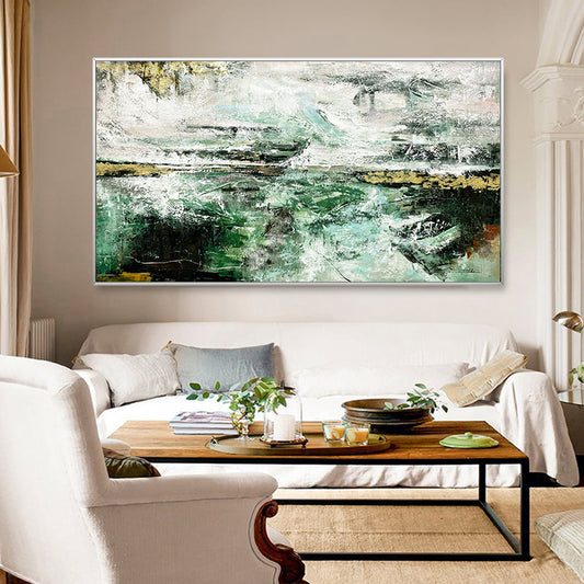 #820Modern Hand Painted Abstract Gold Foil Green Canvas Art Painting Living Room Bedroom Posters and Prints,31inx47in,No Frame