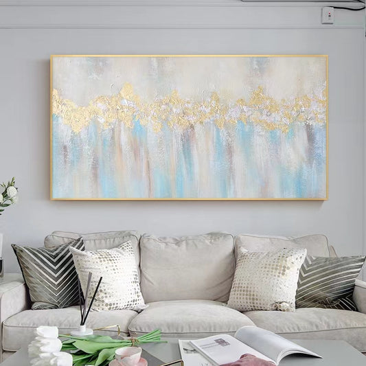 Hand painted Oil Painting Living Room Decorative Painting Modern Simple Gold Foil Abstract Sofa Background Wall,27inx54in,No Frame