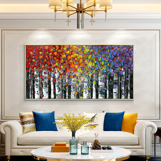 Abstract Tree With Colorful Leaves Hand Painted Oil Painting On Canvas Thick Palette Knife Painting,27inx54in,No Frame