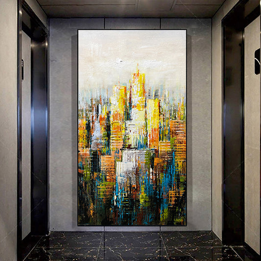 Handmade Oil Painting Canvas Painting Vertical Urban Landscape Living Room Porch Decorative Painting Can be Customized,27inx54in,No Frame