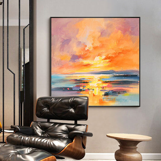 Handmade Abstract Sunset Oil Painting On Canvas Modern Landscape Wall Art Picture Hand Painted For Living Room,31inx31in,No Frame