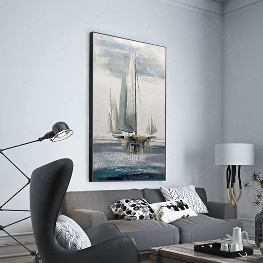 Hand painted Nordic Blue Seascape White Waves Canvas Oil Painting Living Room Bedroom Wall Art,31inx47in,No Frame