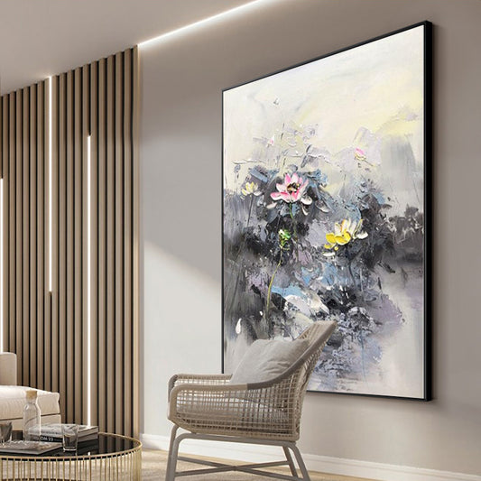 Pure Hand painted Black And White Abstract Flower Oil Painting Texture On Canvas Living Room Home,31inx47in,No Frame