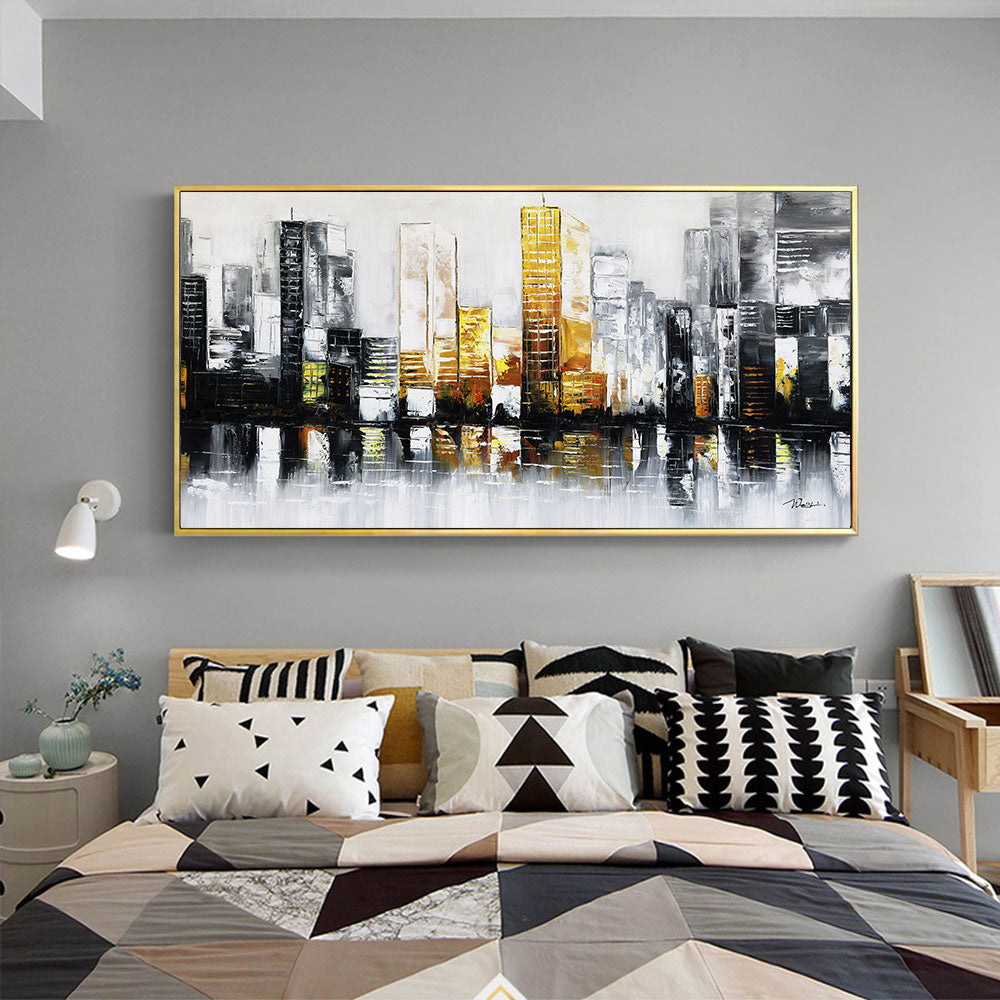 Hand painted Abstract City Building Oil Painting Wall Art Handmade Canvas Painting for Livingroom Home,27inx54in,No Frame