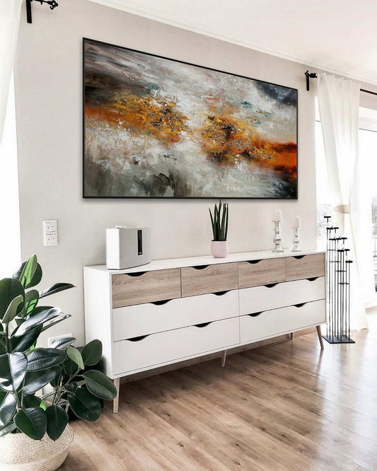 Contemporary Minimal Modern Neutral Large Wall Art Hand Painted Rustic Minimalist Simple Abstract Painting On Canvas Gray Gold27inx54in,No Frame