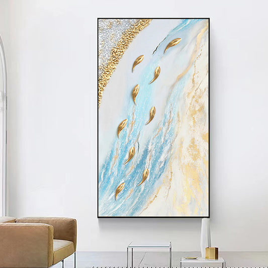 Handmade Golden Wall Art Oil Paintings Colors Abstract Picture Home Decor Canvas Fish For Living,27inx54in,No Frame
