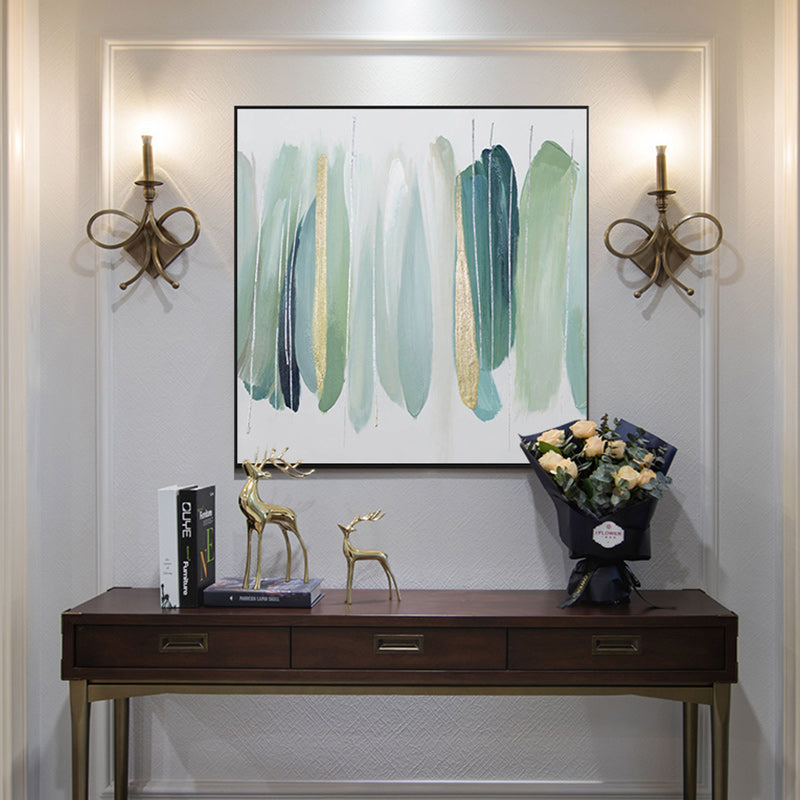 Hand painted Nordic Oil Painting Green Golden Foil On Canvas Color Block For Living Room,31inx31in,No Frame