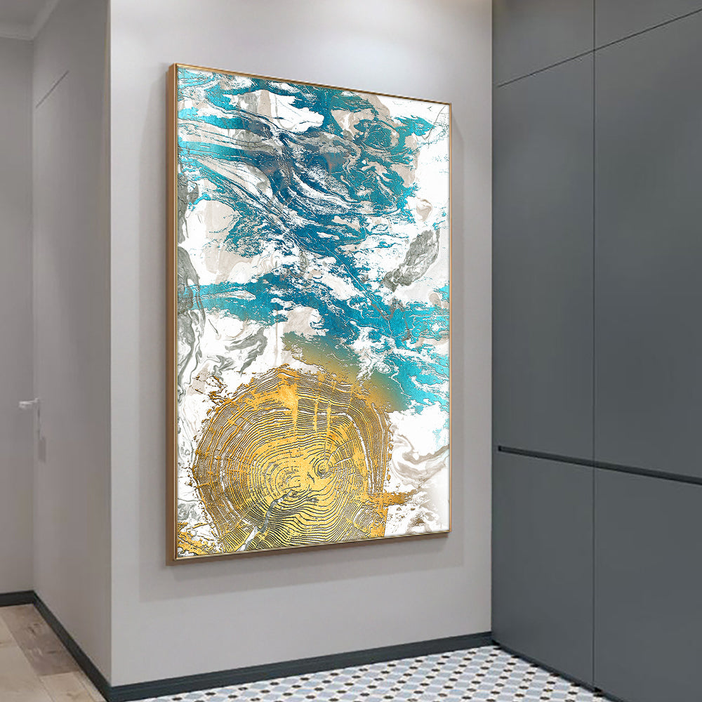 Abstract Blue With Gold Paintings Hand Painted Oil Painting On Canvas Fashion Modern Wall Art For Living Room,31inx47in,No Frame