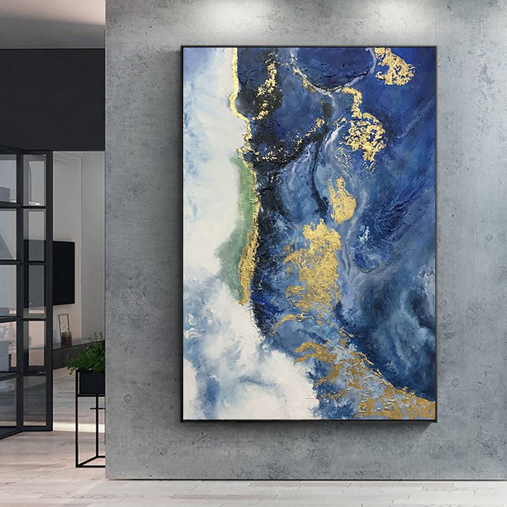 Hand Painted Blue Sea Gold Oil Painting Wall Art Canvas Painting Morden Abstract Painting Home Cuadros,31inx47in,No Frame