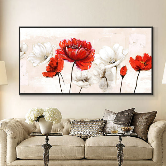 Hand Painted Red And White Flowers Oil Painting On Canvas Unframed Modern Abstract Wall Art,27inx54in,No Frame