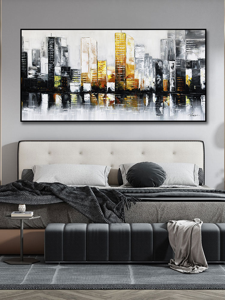 Hand painted Abstract City Building Oil Painting Wall Art Handmade Canvas Painting for Livingroom Home,27inx54in,No Frame