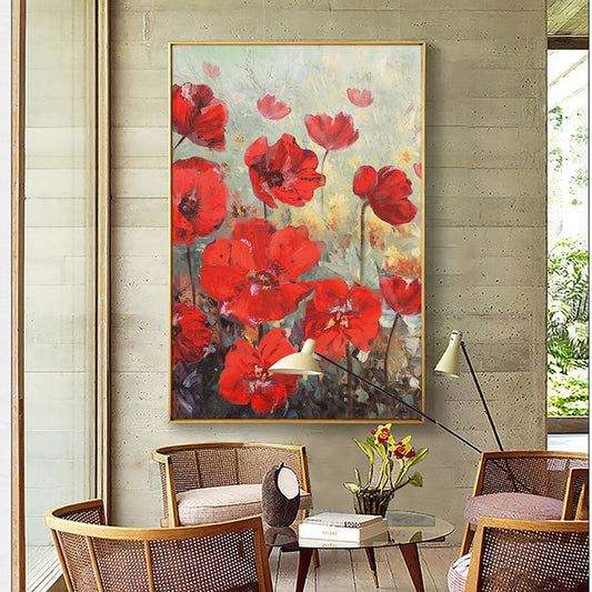 Hand Painted Abstract Red Flowers Oil Painting Modern Plant Canvas Painting Wall Art Picture  For Living Room,31inx47in,No Frame