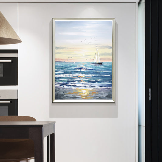 Thick Textured Canvas Art Oil Painting Hand Painted Abstract Seascape Sailboat Pictures For Home Decoration,27inx54in,No Frame