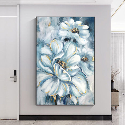 Handmade Abstract White Blue Flowers Oil Painting On Canvas Modern Plant Wall Art Pictures For Living Room,31inx47in,No Frame