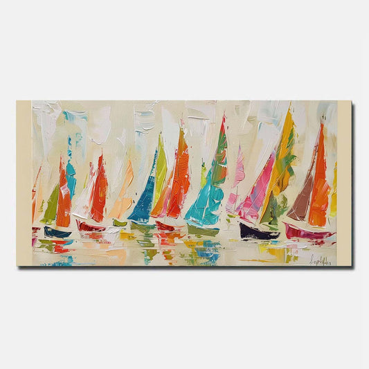 Blue Sailing boat Hand Painted Oil Painting On Canvas Abstract Wall Art   Unframed/Rolled