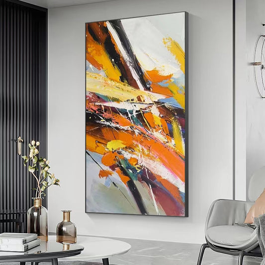 Pure Hand painted Oil Painting Orange Modern Abstract Corridor Decoration Painting Living Room Vertical Version Hanging,27inx54in,No Frame