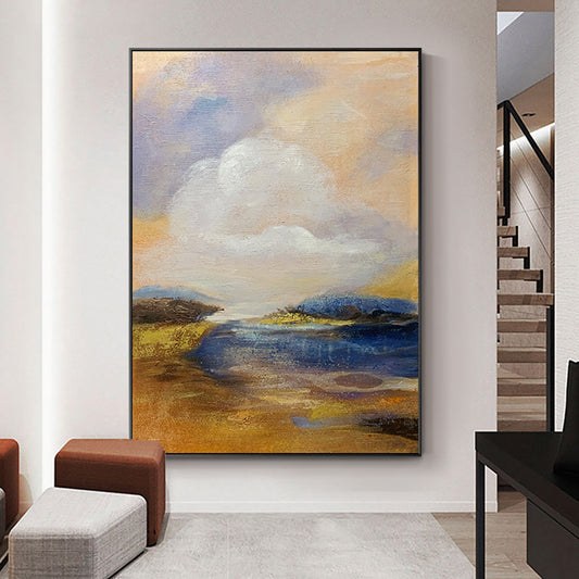 Hand Painted Beautiful Oil Painting Abstract Landscape Sunrise River Canvas Painting Art Living Room Decoration Wall For Living Room,31inx47in,No Frame