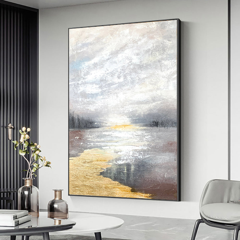 Hand Painted Beautiful Oil Painting Abstract Landscape Sunrise River Canvas Painting Art Living Room Decoration Wall For Living Room,31inx47in,No Frame