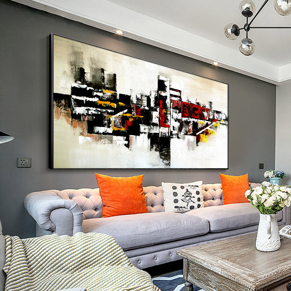 Abstract Red Yellow White Black Oil Painting Hand Painted On Canvas Thick Textured Wall Art,27inx54in,No Frame