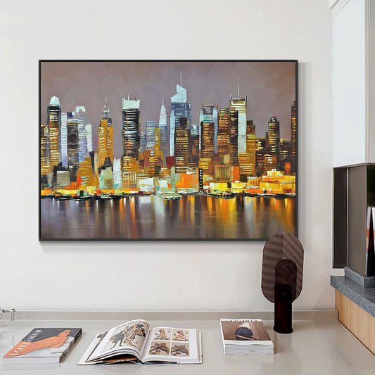 #1150Abstract Nightscape Of The Large City Building Painting On Canvas  Hand Painted Oil Painting Wall  For Living Room,31inx47in,No Frame