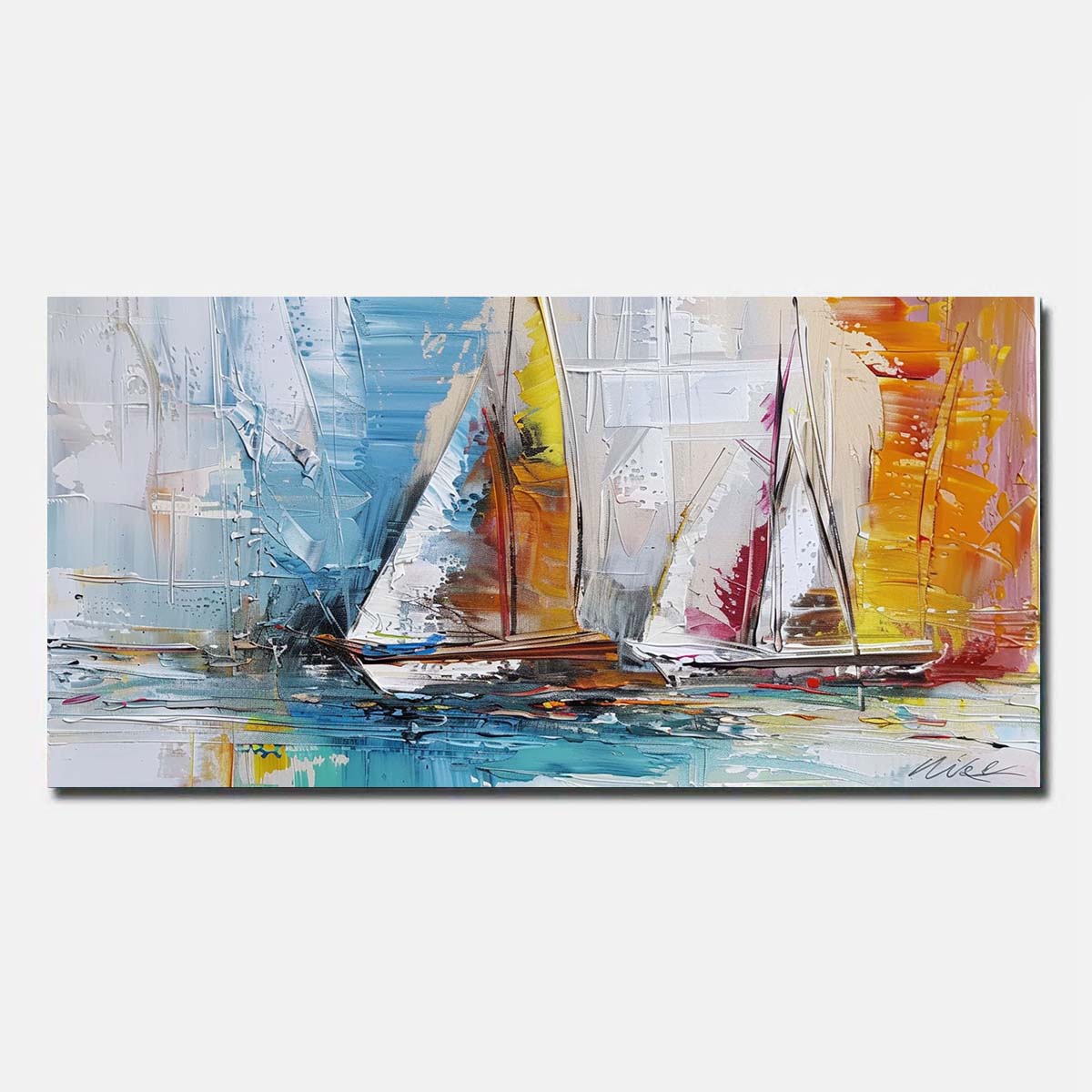 Abstract Hand Painted Oil Painting On Canvas Sailing boat Wall Art BlueUnframed/Rolled