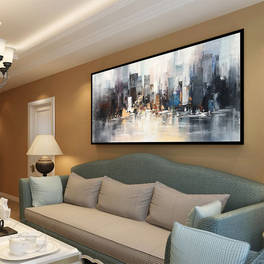 Hand Painted Original Cityscape Oil Painting Canvas Large Knife Painted Abstract Seascape Architecture Wall Art,27inx54in,No Frame