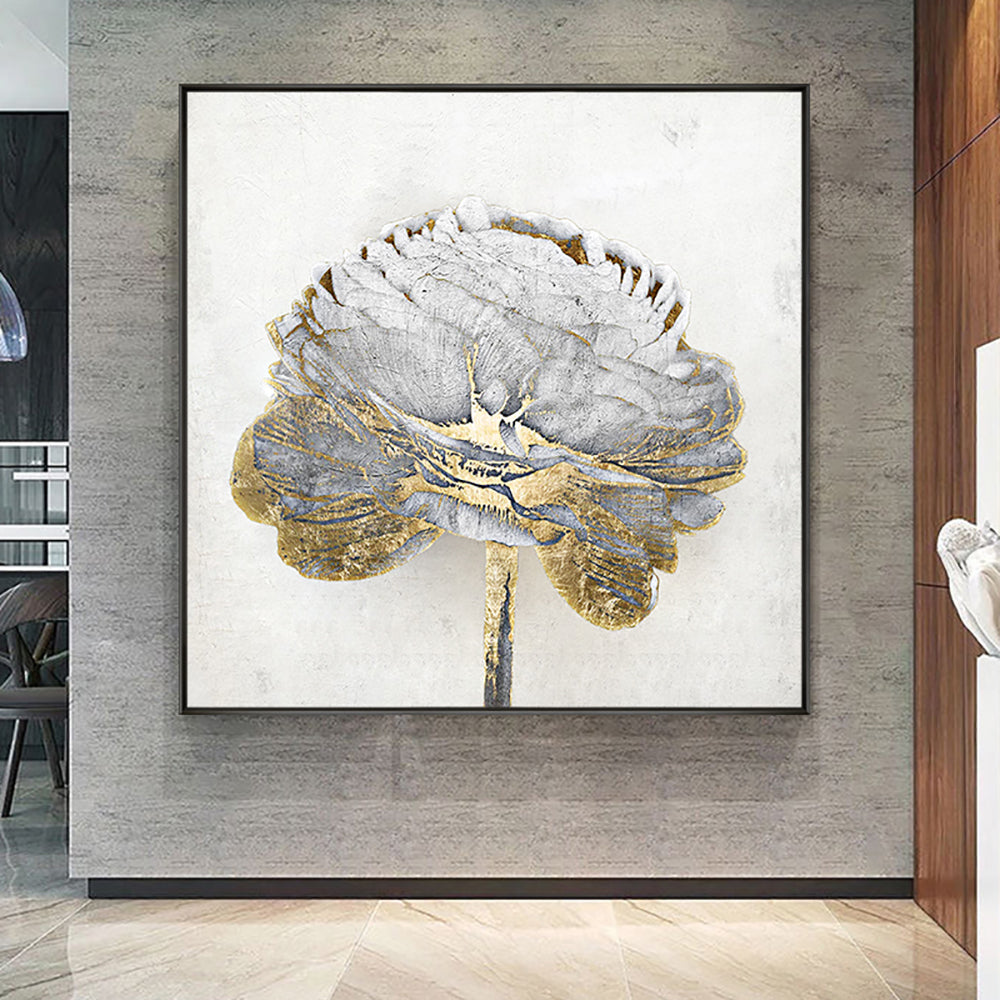 Hand Painted Flower Oil Painting On Canvas Wall Art Pictures Large Golden White For Living Room,31inx31in,No Frame