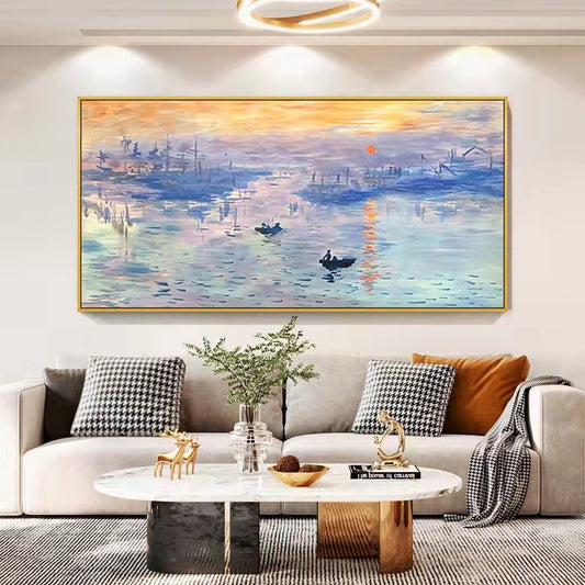Handpainted Oil Painting Monet Sunrise Living Room Decorative Painting Modern Sofa Background Wall Abstract Art Hanging,27inx54in,No Frame