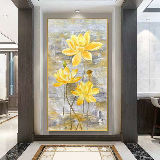 Lotus Flower Oil Painting Retro Hallway Living Room Background Wall Decorative Painting Hand painted Abstract Texture,27inx54in,No Frame