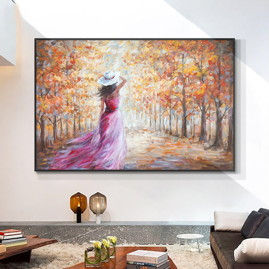 Abstract Girl Walking In The Grove Painting Hand Painted Oil Painting On Canvas Handmade Wall,27inx54in,No Frame