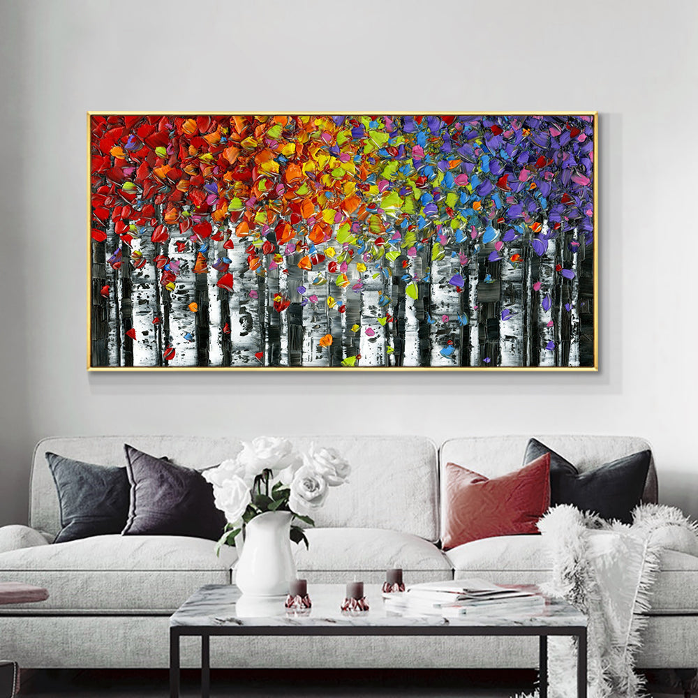 Abstract Tree With Colorful Leaves Hand Painted Oil Painting On Canvas Thick Palette Knife Painting,27inx54in,No Frame
