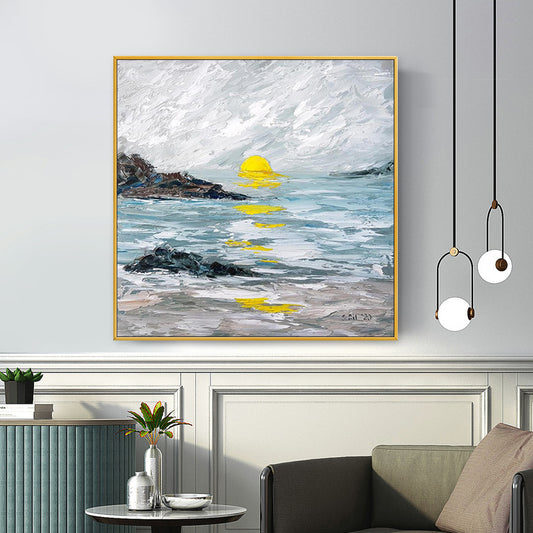 3D Hand Painted Abstract Oil Painting Landscape Painting On Canvas Handmade Sunrise For Modern Home Decorative,31inx31in,No Frame