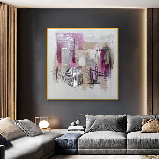 Abstract Large Size City Building Paintings  Handpainted Oil Painting On Canvas Handmade Wall Art,31inx31in,No Frame