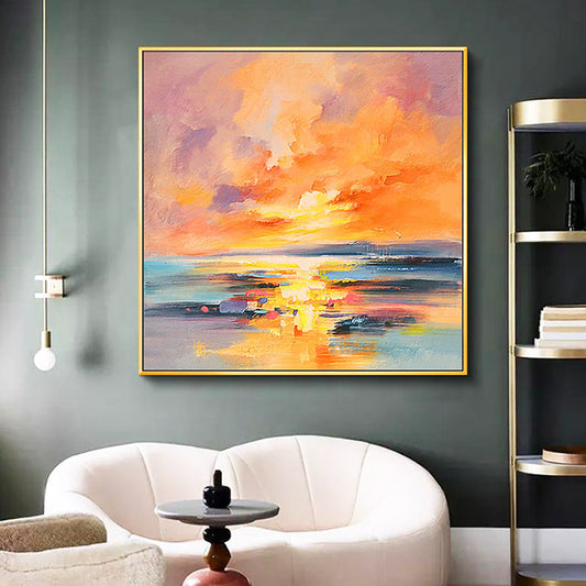 Handmade Abstract Sunset Oil Painting On Canvas Modern Landscape Wall Art Picture Hand Painted For Living Room,31inx31in,No Frame