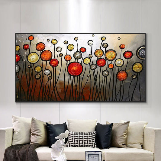 Hand Painted Abstract Red Yellow Round Flowers Oil Painting On Canvas Thick Knife Painting Wall,27inx54in,No Frame