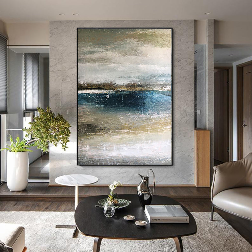 Handmade Abstract Painting Lake Scenery Oil Painting Hand Painted Wall Art Abstract Thick Texture Canvas Art For Home Living Room,31inx47in,No Frame