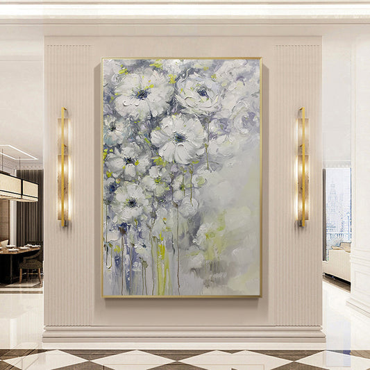 Handmade White Flower Wall Art Oil Painting Canvas Hand Painted Thick Texture Oil Painting Home Living For Living Room,31inx47in,No Frame
