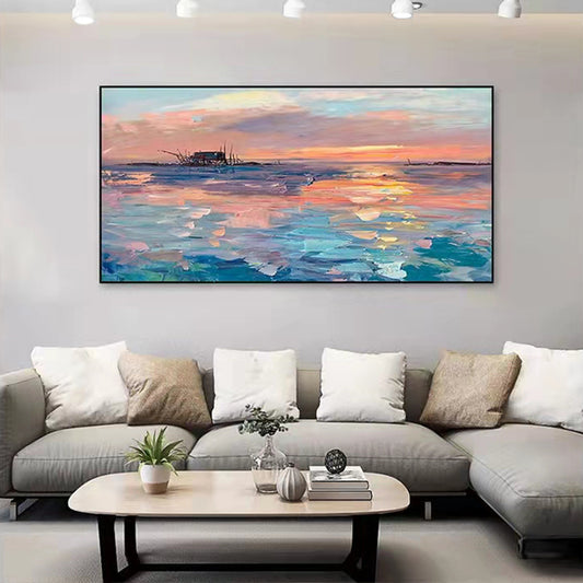Handpainted Oil Painting Monet Sunrise Living Room Decorative Painting Modern Sofa Background Wall Abstract Art Hanging,27inx54in,No Frame