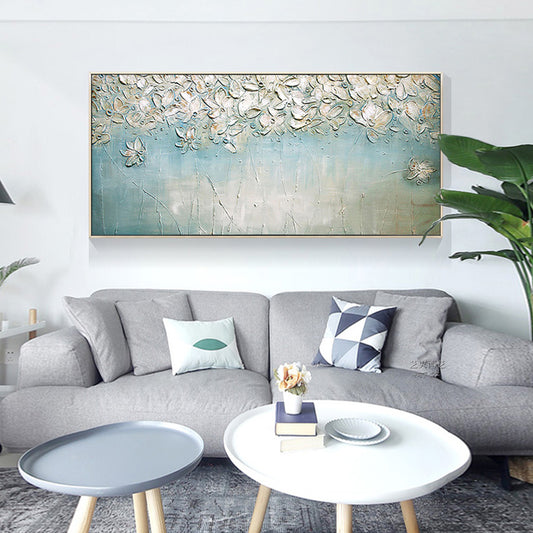 3D Knife Abstract White Flowers Oil Painting Handpainted On Canvas Living Room Salon Home Decoration Painting,27inx54in,No Frame