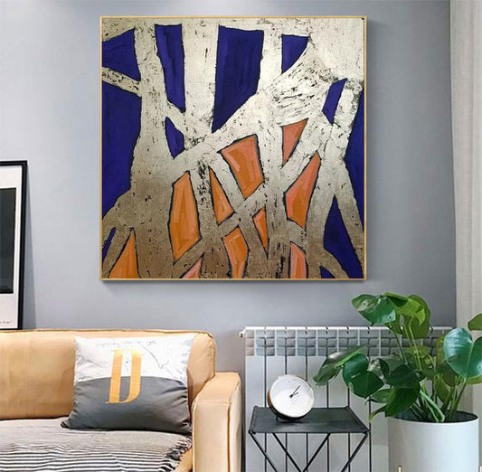 Gold Leaf Painting Blue Abstract Painting On Canvas Deep Blue Painting Beige Painting Yellow Abstract Canvas Oversize Wall Art31in,No Frame