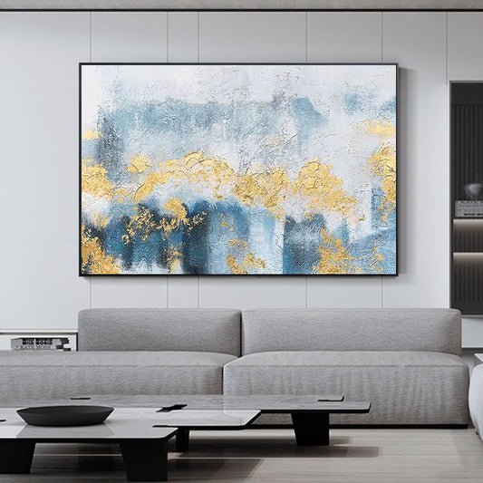 Hand Painted Modern Abstract Gold Foil Galaxy Blue Canvas Art Painting Living Room Bedroom Posters For Living Room,31inx47in,No Frame