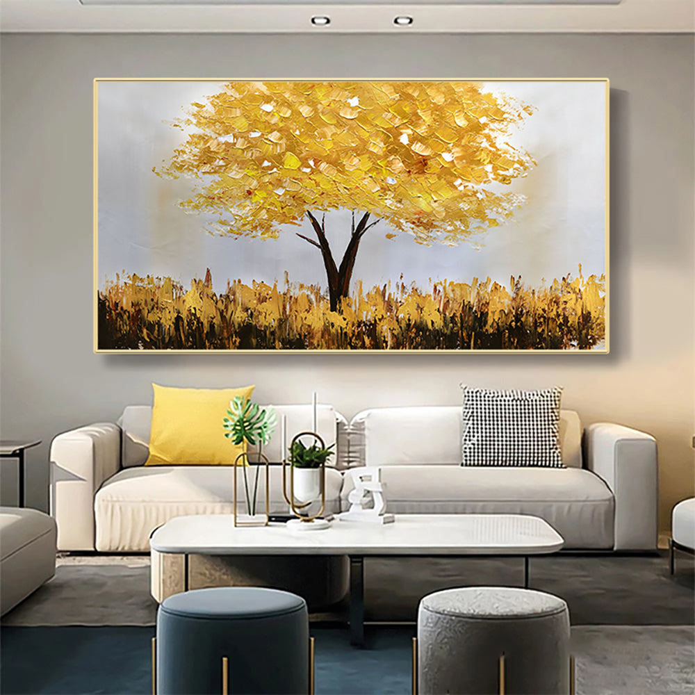 Hand Painted Original Abstract Oil Painting Golden Tree of life Art Money Tree Oil Painting,27inx54in,No Frame