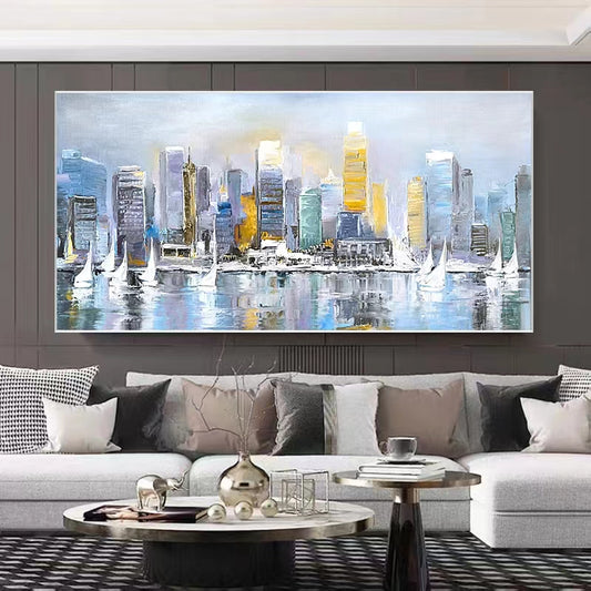 Urban Landscape Pure Hand painted Oil Painting Living Room Decorative Painting Bedroom Bedside Senior Hanging Painting,27inx54in,No Frame