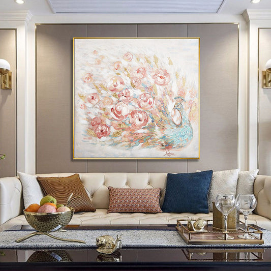 Hand Painted Oil Painting Large Flowers Peacock Open Screen Home Square Hanging Painting Modern Wall Art