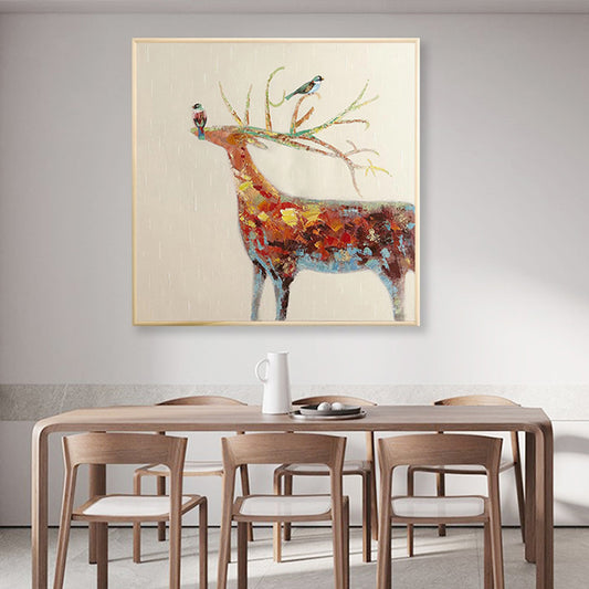 Nordic Animal Hand painted Series Oil Painting Elk Parrot Living Room Bedroom Dining Room Background Wall,31inx31in,No Frame