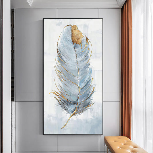 Abstract Luxury Oil Painting White and Gold Feather Canvas Picture Hand Painted Oil Painting,27inx54in,No Frame