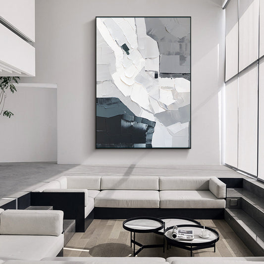 Hand painted Abstract Gray White Oil Painting Modern Wall Art On Canvas Thick Texture Hotel Living,31inx47in,No Frame