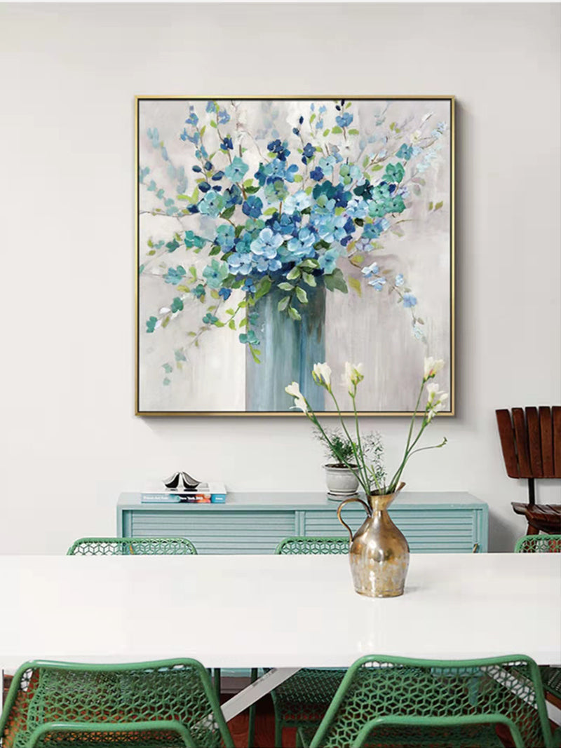 Blue Flowers Vase Artwork Oil Painting Abstract Bouquet Canvas Painting Wall Art Living Room Kitchen Bedroom,31inx31in,No Frame