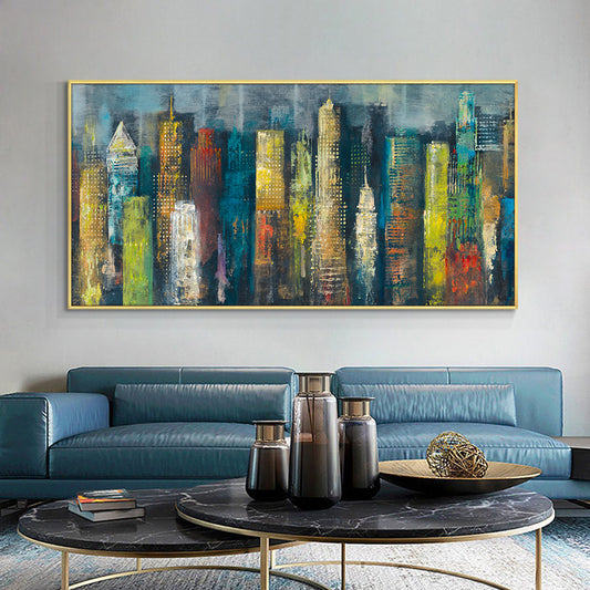 Abstract Colorful Buildings  Hand Painted Oil Painting On Canvas Abstract Wall Art Without,27inx54in,No Frame