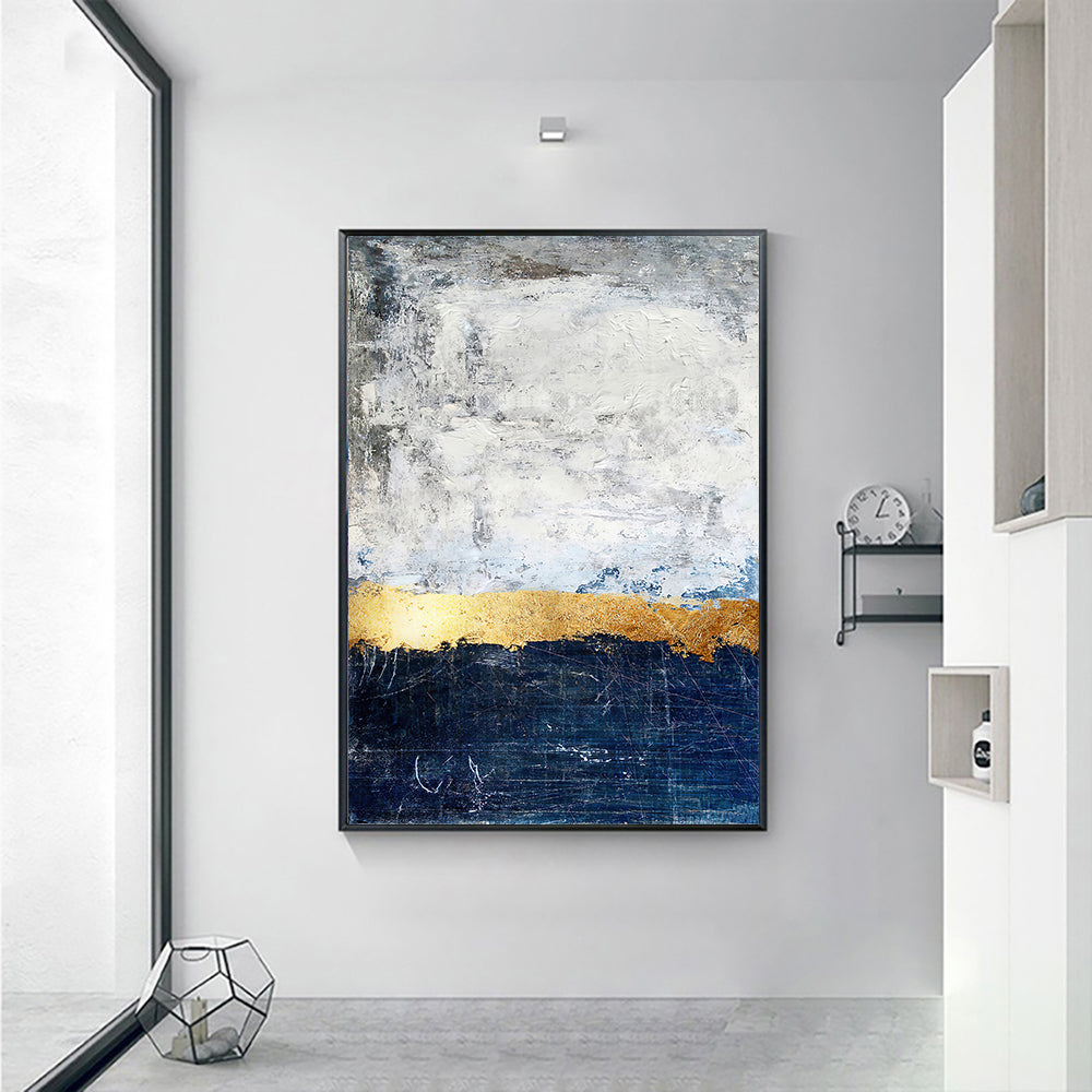 Navy Blue and Gold Foil Block Canvas Oil Painting Artworks Modern Vertical Abstract Handmade Oil Painting Wall Art For Home Living Room,31inx47in,No Frame